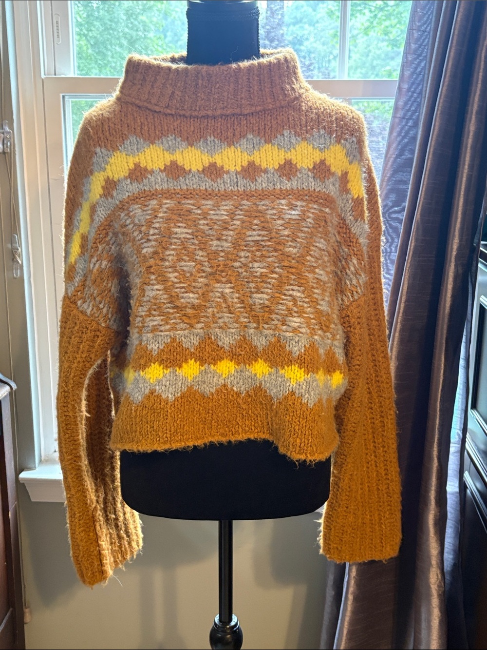 Free People Mustard Brown Fair Isle Cowl Neck Sweater